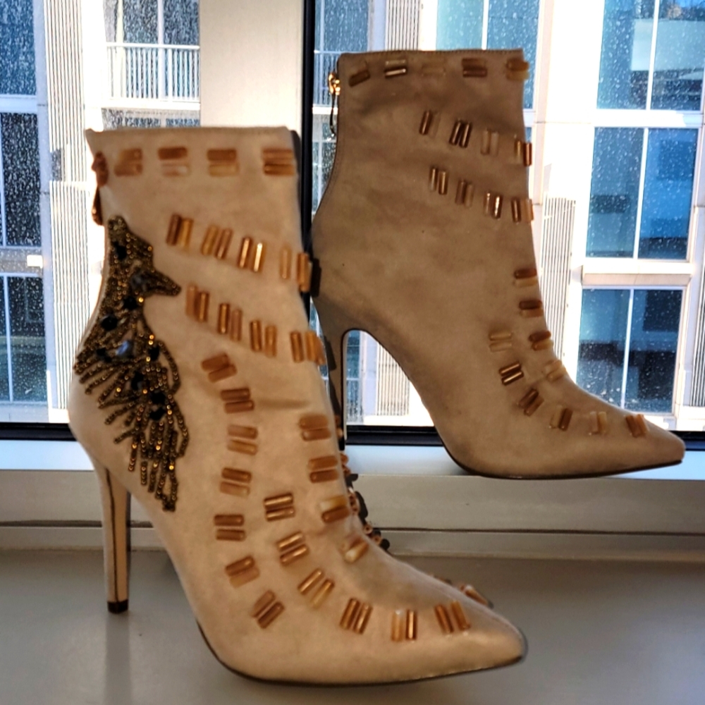 Elegant Taupe Southwestern Beaded Ankle Boots